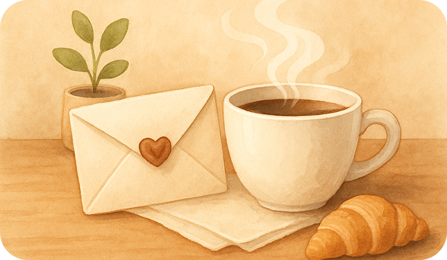 Image of cap of coffe and croissant and sweet-letter on table