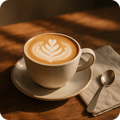 A close-up of a ceramic cup with a latte and delicate leaf-shaped foam art, placed on a rustic wooden table. Soft morning sunlight falls diagonally across the surface, casting warm shadows. Minimalistic setup with a linen napkin and small spoon nearby. Background softly blurred.
