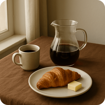 A breakfast scene with a filter coffee in a glass server, a small ceramic mug, and a plate with a croissant and butter. Everything sits on a brown tablecloth beside a window. Bright but soft natural light, subtle shadows, and an overall quiet morning vibe.