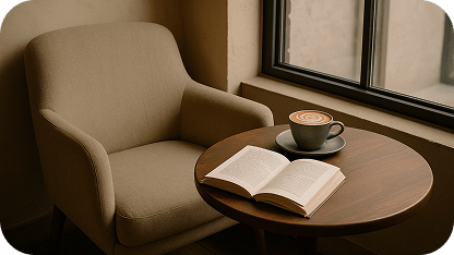 A quiet café corner with a beige armchair and a small round wooden table. On the table - a cappuccino in a matte cup and an open book. Natural window light illuminates the scene. Neutral tones, cozy atmosphere, no people, just the setting.