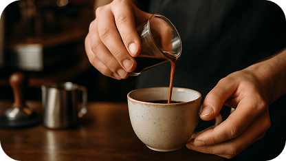 Hands of a barista gently pouring a rich espresso shot into a ceramic cup. The café background is softly blurred, with visible coffee tools like a tamper and milk pitcher. Warm lighting, dark wood counter, artisanal feel. Emphasis on process and craft.