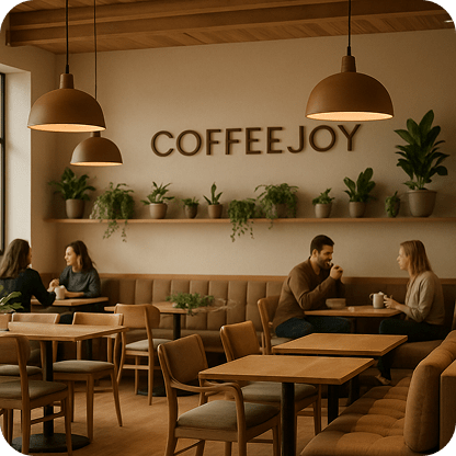 A wide view of the CoffeeJoy interior - wooden furniture, soft cushions, warm pendant lights, and green plants on shelves. A few people in the background enjoying coffee, blurred slightly to focus on the space. Overall mood: warm, welcoming, and design-conscious.