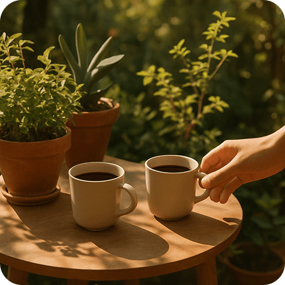 Two coffee cups on a small round table outdoors, surrounded by potted plants and greenery. The table is wooden, with sunlight filtered through leaves. Minimal accessories - perhaps one hand reaching for the cup, the rest of the scene calm and framed in warm tones.