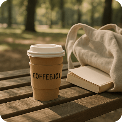 A takeaway coffee cup with a kraft sleeve and CoffeeJoy branding placed on a wooden bench in a park. Nearby - a linen tote bag and a book partially sticking out. Early morning sunlight filters through the trees, creating soft, dappled shadows. Natural, earthy tones. Calm, slow-morning mood with no people in frame.