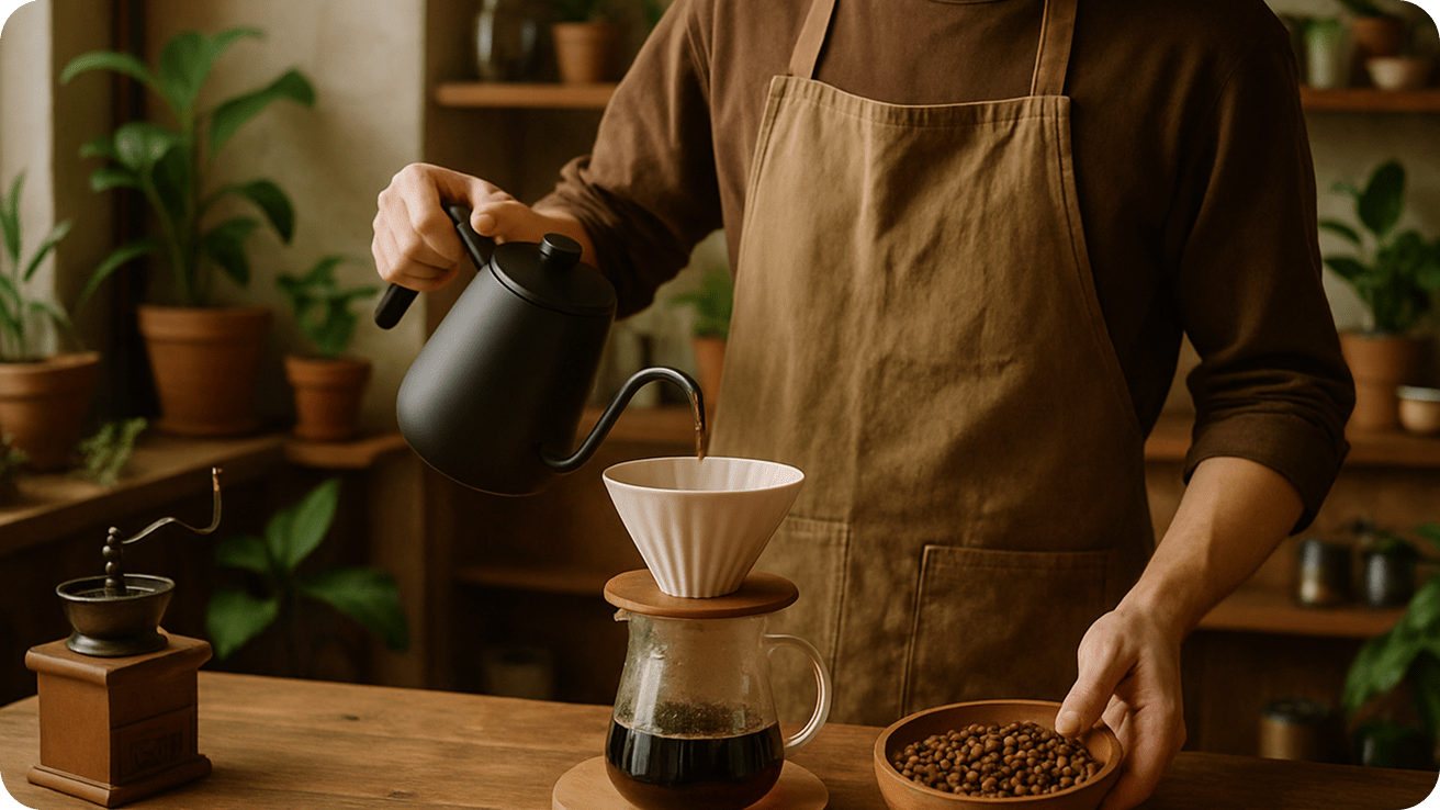 Barista preparing coffee with care